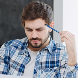 Man thinking hard with a pencil to his head