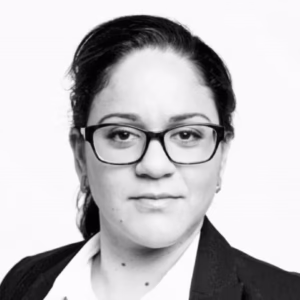 New employee Afifa Trad. Black and white photo.